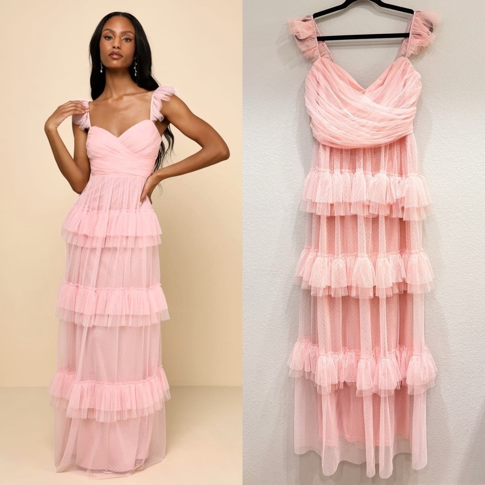 Size XL Lulus Pure Radiance Pink Mesh Swiss Dot Tiered Maxi Dress